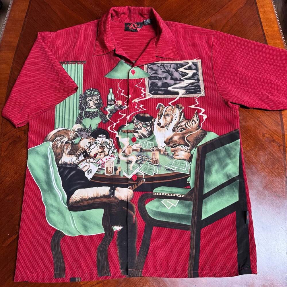 Vintage Y2K Dog Poker Hawaiian Shirt Mens L Red Graphic Camp Casino Dogs Button